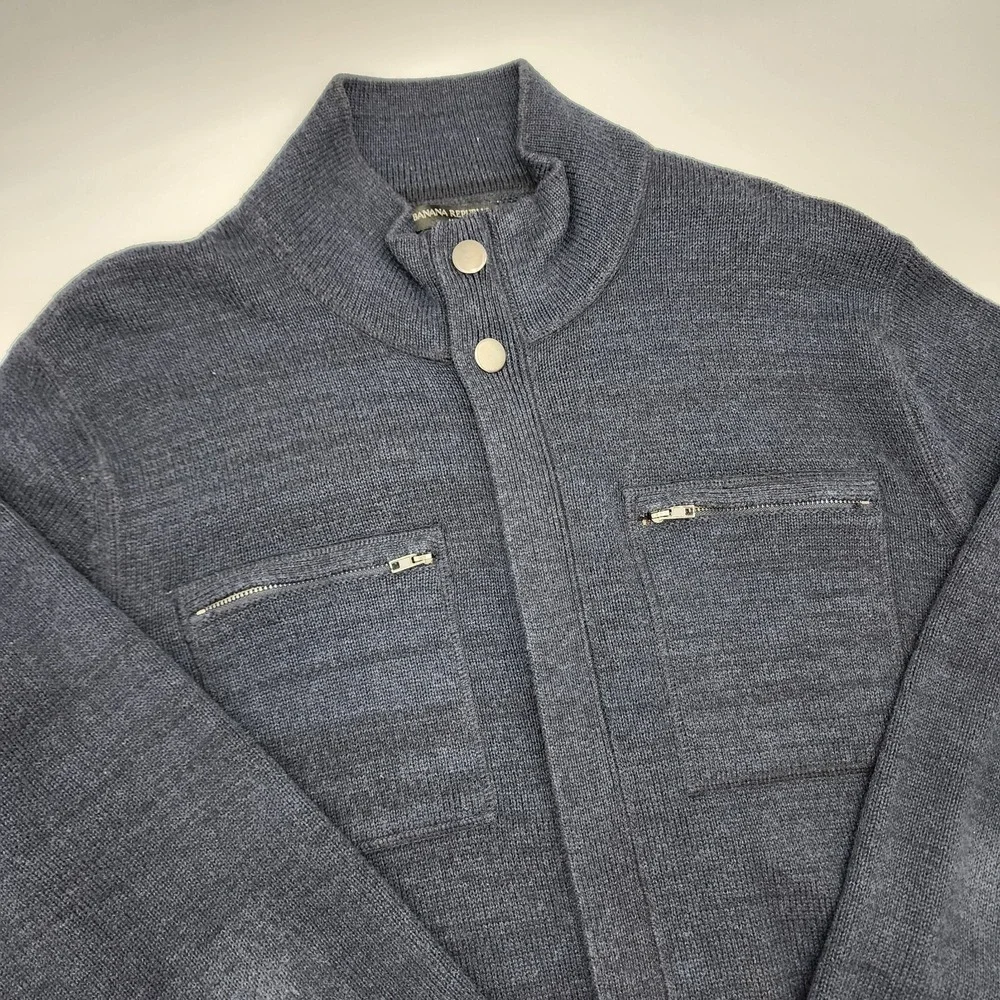 Banana Republic Navy Black Full Zip Button Mock Neck Sweater‎ Jacket Size XL
